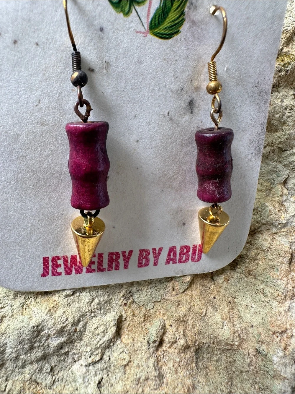 Burgundy Wooden Bead & Gold Spike Drop Earrings